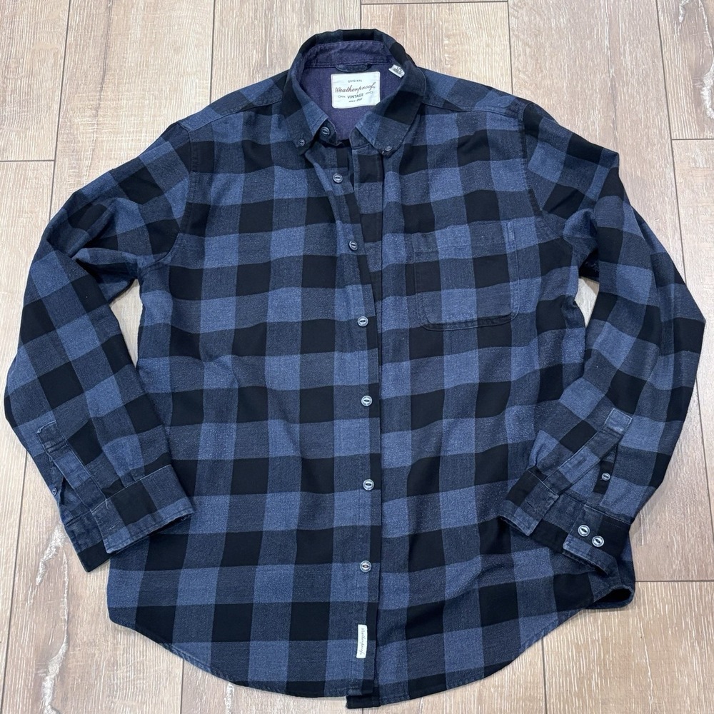 Weatherproof Vintage Men's Flannel Shirt Large Blue Black Plaid Cotton Blend L